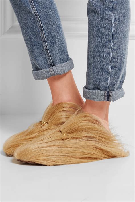 gucci shoes goat hair|Gucci slippers with fur.